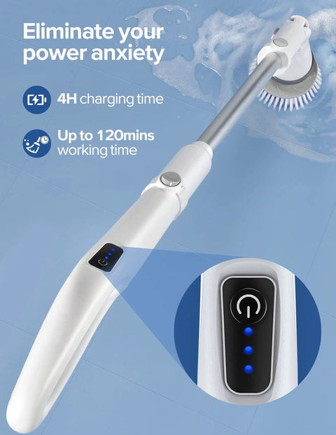 Cordless Spin Scrubber With LED Display And Detachable D Shape Handle For Bathroom Cleaning on blue tile surface