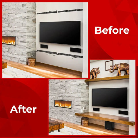 Before and after TV wall decor using Heavy Duty Floating Shelf Brackets Set, 4 Pack 22 Inch Long Wall Shelf Supports, Hidden Mount Hardware, Black Finish For Kitchen Nursery TV Wall Decor, Each Bracket Holds Up To 150 Lbs, showing improved aesthetics and organization.