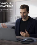 Man in a meeting using Conference Speakerphone With USB C And Bluetooth, Zoom Rooms And Google Meet Certified, on desk