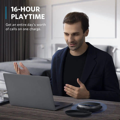 Man in a meeting using Conference Speakerphone With USB C And Bluetooth, Zoom Rooms And Google Meet Certified, on desk