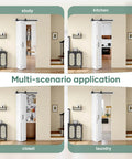 Multi-scenario applications of the 36 Inch By 84 Inch Bifold Barn Door System With Hardware Kit Included For Two Doors Bi Fold Sliding Closet Doors 40 Inch Track Kit Waterproof Construction Pre Drilled Holes For Easy Assembly White Finish Space Saving No Fuss Setup Modern Home Upgrade in study, kitchen, closet, and laundry.