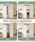Modern White Bifold Barn Door 42X84 Inches in study, kitchen, closet, and laundry settings with aluminum track.