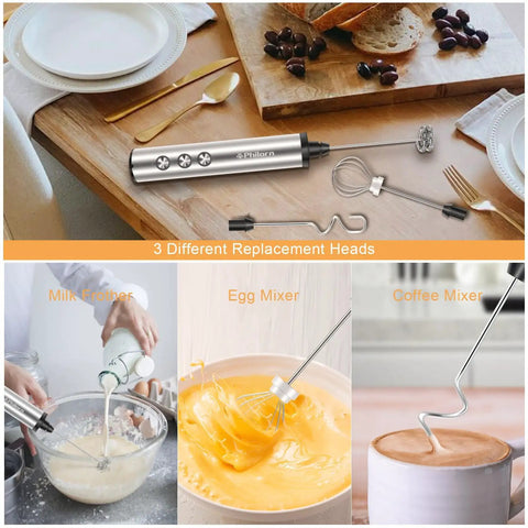 Rechargeable USB C Milk Frother with Stand, Handheld Wand With 3 Heads And 3 Speeds For Latte Cappuccino Matcha Almond Milk And More, Easy To Clean, Barista Quality At Home shown with accessories and uses