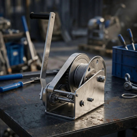 Tough As Nails 304 Stainless Steel Manual Winch Hoist Crank showing heavy duty gears on a workbench.