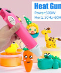 Portable Hot Air Gun For DIY Projects, pink design, used on clay models, 300W with 50Hz-60Hz power rating shown in image