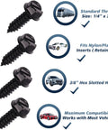 Killer Black License Plate Screws 8 Pack Anti Rattle Bolts with rust proof finish, quarter inch by three quarter inch self tapping screws.