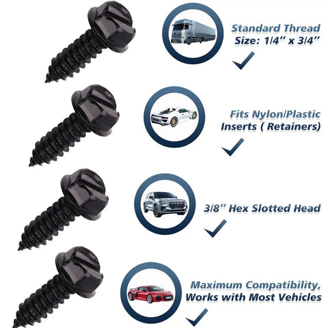 Killer Black License Plate Screws 8 Pack Anti Rattle Bolts with rust proof finish, quarter inch by three quarter inch self tapping screws.