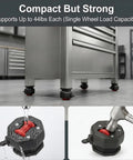 Snap In No Sweat Silent Swivel Caster Wheels for Bedroom Dressers and Kitchen Islands, compact design supporting 44 lbs each.