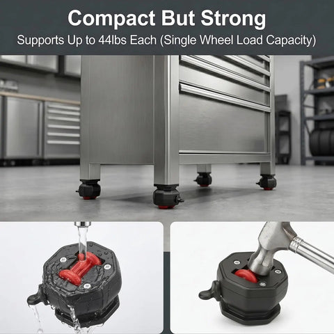 Snap In No Sweat Silent Swivel Caster Wheels for Bedroom Dressers and Kitchen Islands, compact design supporting 44 lbs each.