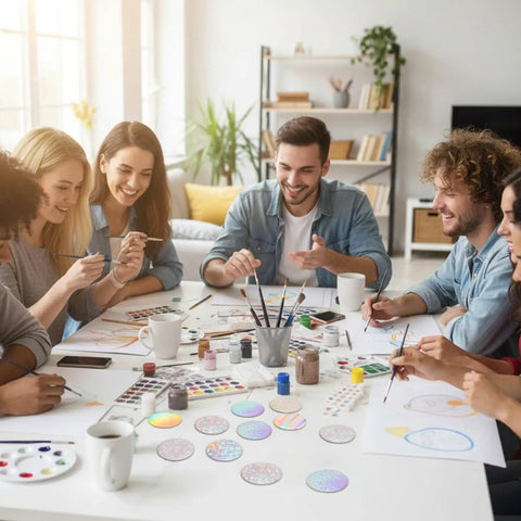 Group crafting with 200 Pack 70mm Badge Protective Film In 8 Holographic Styles for 58mm button makers.