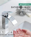 Chrome Waterfall Bathroom Faucet With Single Handle For 1 Or 3 Hole Installations Deck Plate Splash-Free Water-Saving RV Sink Camper Farmhouse Remodel Faucet Easy Install DIY Friendly, water flowing into hands