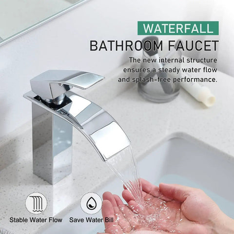 Chrome Waterfall Bathroom Faucet With Modern Single Handle For 1 Or 3 Holes Includes Deck Plate And Pop-Up Drain Ideal For RV Camper Farmhouse Sinks With Water-Saving Design