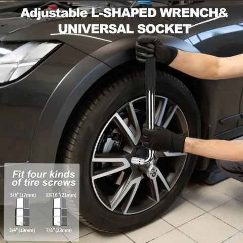 Electric Scissor Car Jack Kit 3 Ton 12V Portable Auto Lift With 17.7 Inch Lift Range For SUV And Sedan Floor Jack For Quick Tire Change And Roadside Emergency No Fuss One Button Lift Includes Handle Wrench displayed with tire.