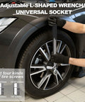 Adjustable L-shaped wrench and universal socket being used on a car tire for Electric Scissor Car Jack Kit 3 Ton 12V Portable Auto Lift With Seventeen Point Seven Inch Lift Range For SUV And Sedan Tire Change And Roadside Emergency One Button Lift For Fast Easy Lifts