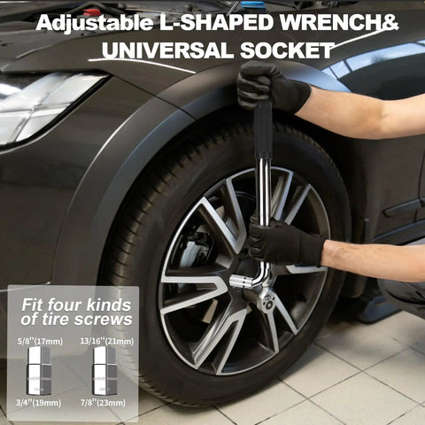 Adjustable L-shaped wrench and universal socket being used on a car tire for Electric Scissor Car Jack Kit 3 Ton 12V Portable Auto Lift With Seventeen Point Seven Inch Lift Range For SUV And Sedan Tire Change And Roadside Emergency One Button Lift For Fast Easy Lifts