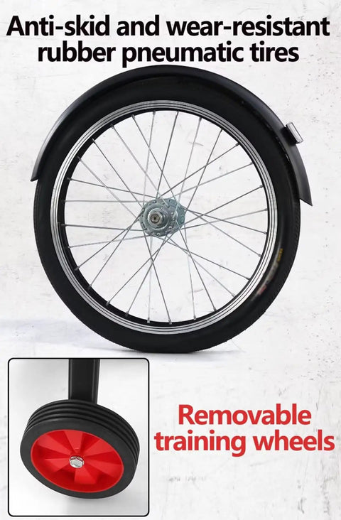 Three Wheel Pedal Tricycle With Detachable Training Wheels, showing anti-skid pneumatic tire and removable training wheel