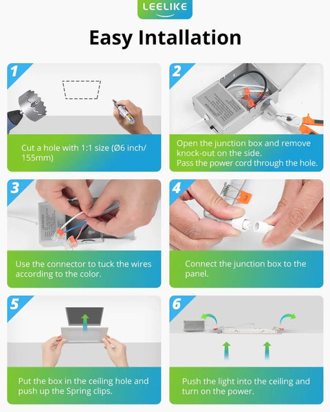 6-step installation guide for 6 Inch Square LED Recessed Ceiling Light Dimmable Canless Wafer Downlight