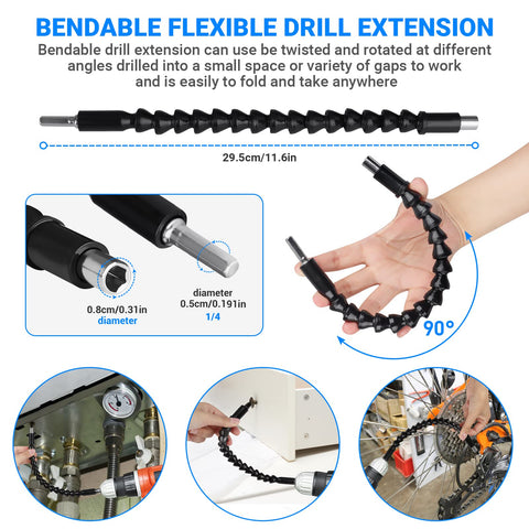 32 Piece Flexible Drill Bit Extension Set Go To 105 Degree Right Angle Attachments shown bending 90 degrees in hand