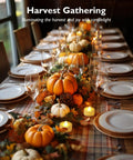 Harvest table set with pumpkins and 100 Pack Flameless LED Tea Lights Candles Battery Operated No Mess With 200 Hour Run Time Realistic Flicker