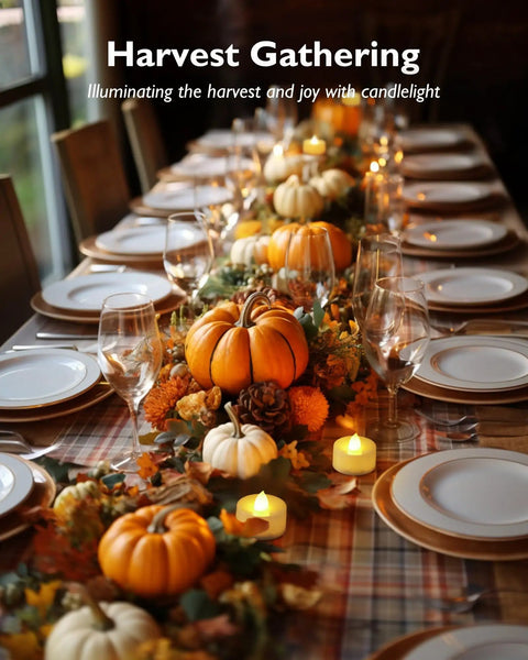 Harvest table set with pumpkins and 100 Pack Flameless LED Tea Lights Candles Battery Operated No Mess With 200 Hour Run Time Realistic Flicker