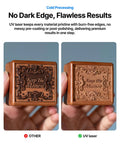 Comparison of wooden block engraved with 'Keep The Moment' text using different engraving methods, highlighting UV laser results.