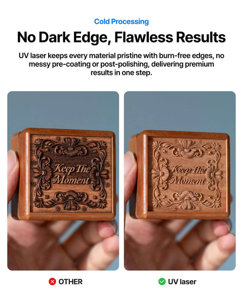 Comparison of wooden block engraved with 'Keep The Moment' text using different engraving methods, highlighting UV laser results.