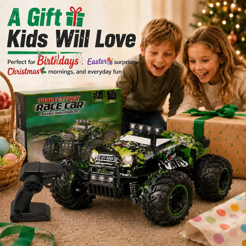 Dope 2.4GHz 1:18 RC Car For Beginners With LED Lights in gift setting with kids, remote control, and packaging visible
