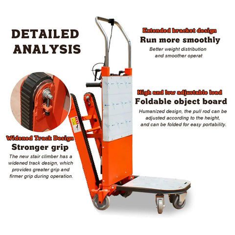 Detailed view of Electric Stair Climbing Dolly With 660 Lb Load Capacity And Foldable Design, showcasing track wheels and adjustable load board.