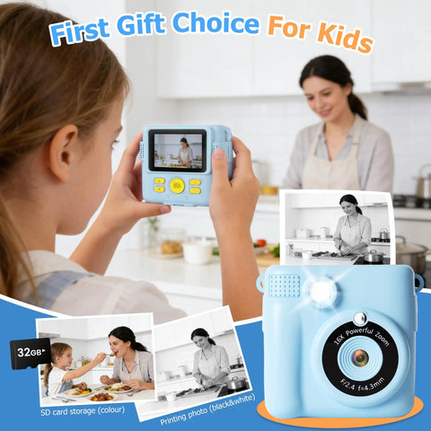 Kids Instant Print Camera For Ages 3 To 12 With Two Point Four Inch Eye Care Screen, 1080P Video, 18 Frames, displayed by child