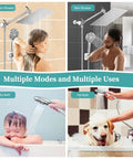 High Pressure Rain Shower Head With Handheld And 9 Settings in use for women, men, baby, and pet bathing, chrome finish