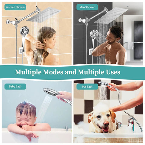 High Pressure Rain Shower Head With Handheld And 9 Settings in use for women, men, baby, and pet bathing, chrome finish