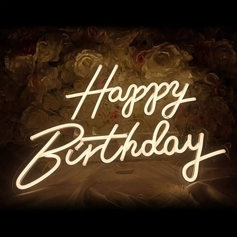 Two Piece Happy Birthday LED Neon Sign Set 24 Inch And 18 Inch Warm White Glow against floral background