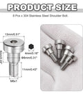 Heavy Hitter 304 Stainless Steel Shoulder Bolts 8 Piece Pack M6x1 Thread Hex Socket Heads with size measurements.