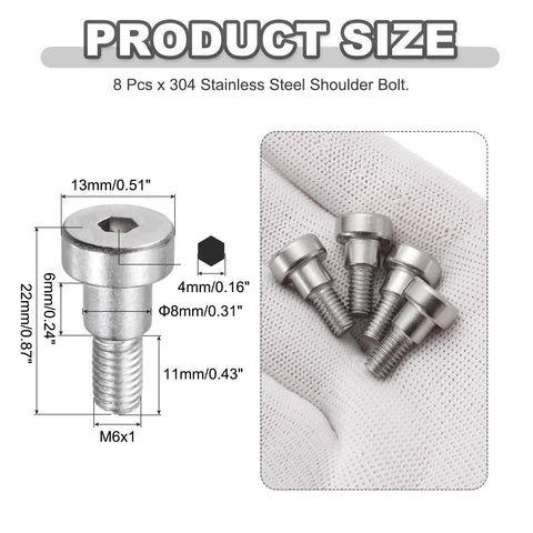 Heavy Hitter 304 Stainless Steel Shoulder Bolts 8 Piece Pack M6x1 Thread Hex Socket Heads with size measurements.