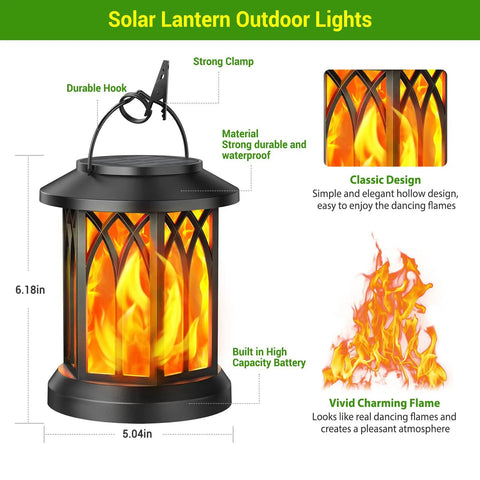 4 Pack Solar Lanterns Outdoor Lights With Upgraded Flickering Flame showcasing durable metal design and vivid flame effect, 6.18in tall.