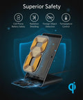 Wireless Charging Stand For Galaxy And iPhone Qi Certified 10W Fast Charging For Samsung Galaxy 7.5W For iPhone No AC Adapter Included Easy Desk Or Nightstand Setup with safety features displayed