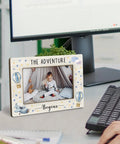 Hot Air Balloon Baby Boy Picture Frame 4x6 Inches, Solid Wood Nursery Decor Gift From Mom, The Adventure Begins Photo Frame on desk