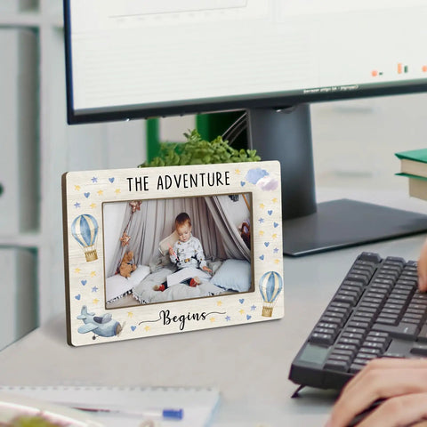 Hot Air Balloon Baby Boy Picture Frame 4x6 Inches, Solid Wood Nursery Decor Gift From Mom, The Adventure Begins Photo Frame on desk