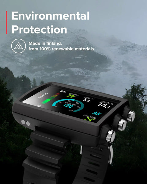 Compact Wrist Dive Computer With USB, bright high contrast screen, in nature setting, showcasing customizable display, black for divers.