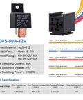 Diagram of Two Pack 12V 80A Heavy Duty SPDT Car Relay With Harness And Socket Kit, showing specifications and wiring details.