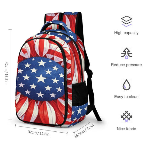 USA Flag Sunflower Printed Unisex Backpack with Large Capacity Durable Polyester Daypack for School Travel or Work