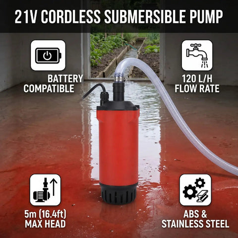Cord Free Heavy Duty Submersible Sump Pump 21V Battery Powered Kick For Basement And Pool Flooding with clear water hose