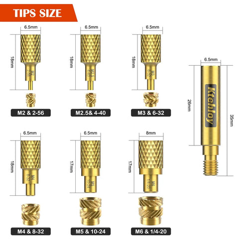 SAE Threaded Inserts Kit With Brass Heat Set Inserts For Plastic And 3D Printing, Includes 2-56 to 1/4-20 threads, tips diagram
