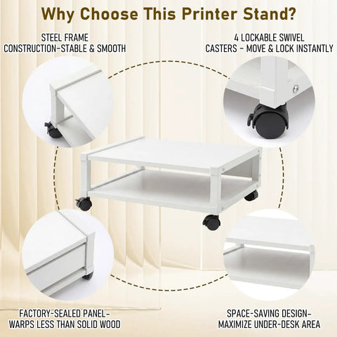 Totally Slick Two Tier Rolling Printer Stand Under Desk With Open Bottom Shelf And Heavy Duty Swivel Casters For Zero Hassle Home Office Workspace Organization White