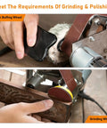 Slick Mini Belt Sander 110V With Quick Adjust Seven Speed Settings polishing a wooden piece with a cloth and grinding wheel.