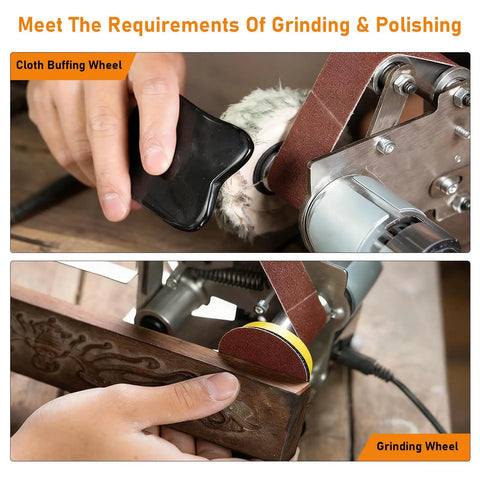 Slick Mini Belt Sander 110V With Quick Adjust Seven Speed Settings polishing a wooden piece with a cloth and grinding wheel.