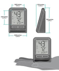 Battery Operated Wireless Digital Thermometer For Indoor Outdoor Temperature With 24 Hour High Low Records No Backlight Monochrome Display Hassle Free Setup 12 24 Hour Time Mode Signal Strength And Low Battery Alerts Built For Everyday Home Use, front view with dimensions