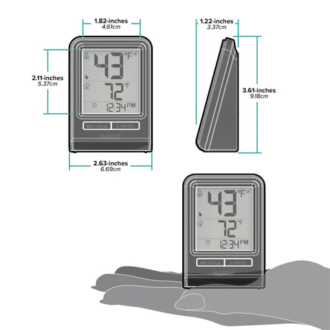 Battery Operated Wireless Digital Thermometer For Indoor Outdoor Temperature With 24 Hour High Low Records No Backlight Monochrome Display Hassle Free Setup 12 24 Hour Time Mode Signal Strength And Low Battery Alerts Built For Everyday Home Use, front view with dimensions