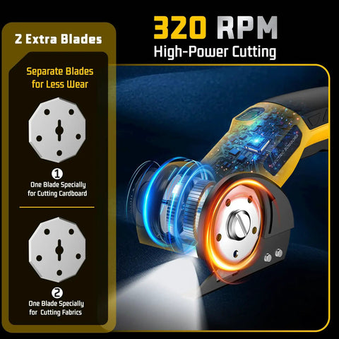 Rechargeable Cordless Electric Scissors With LED Light and Two Extra Blades for Cardboard Cutting 0.25 Inch Thick 320RPM tool with blades.