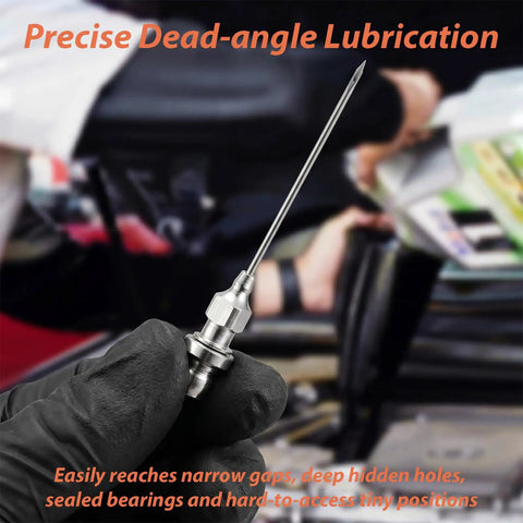 6 Piece Grease Gun Needle Tips Kit With Narrow Needles And Air Nozzle For Smooth Lubrication in a gloved hand close-up